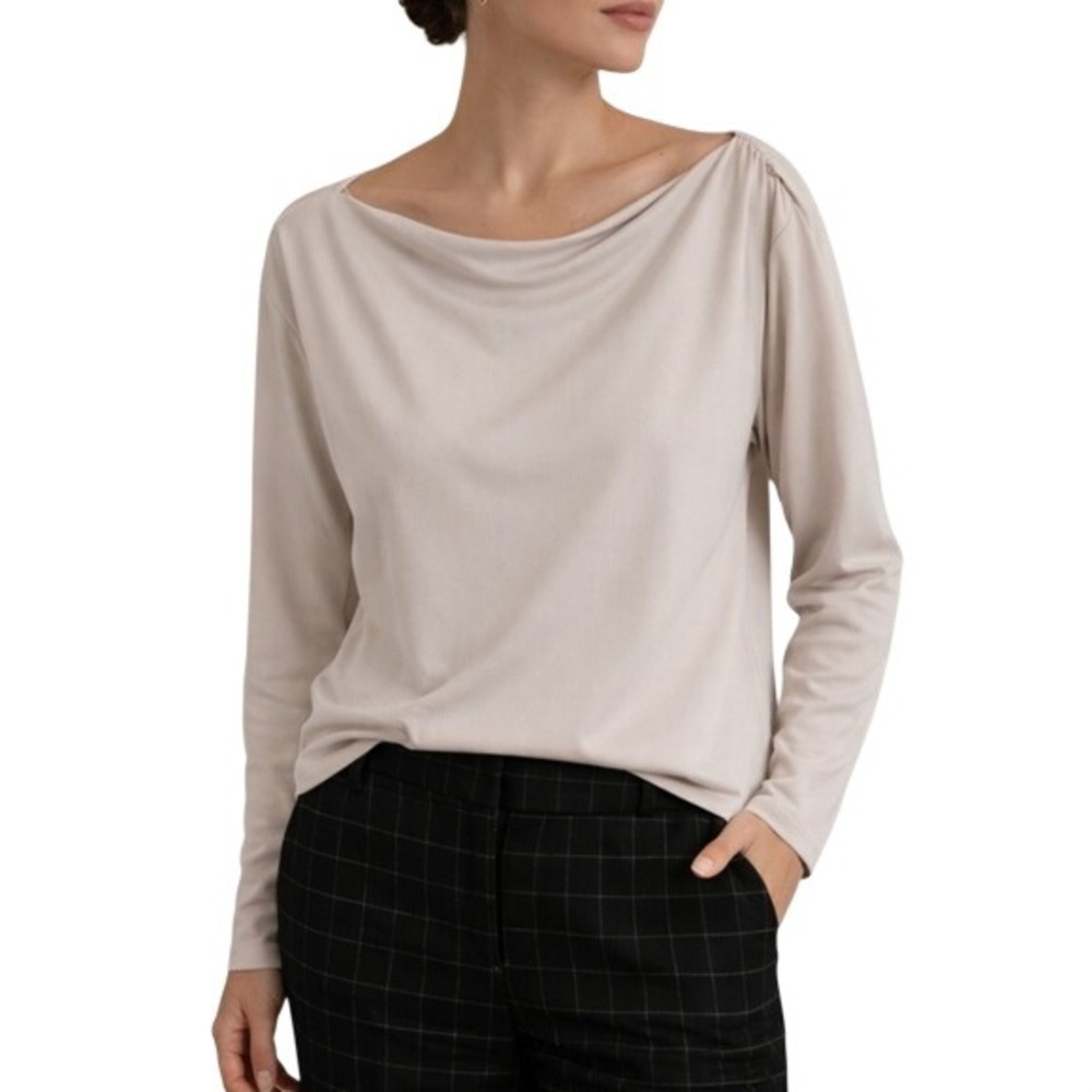 Banana Republic Timeless Quiet Luxury Beige Draping Boat Neck Long Sleeve Blouse
